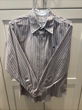 Brooks Brothers Men’s Striped Dress Shirt – Blue & Red. Size L